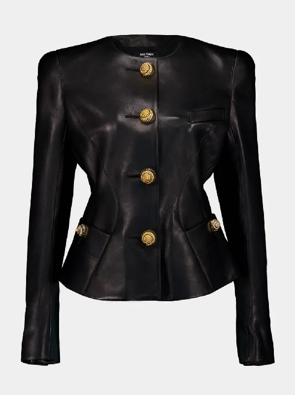 Jackets for rock climbing -Black Lambskin Leather Peplum Jacket