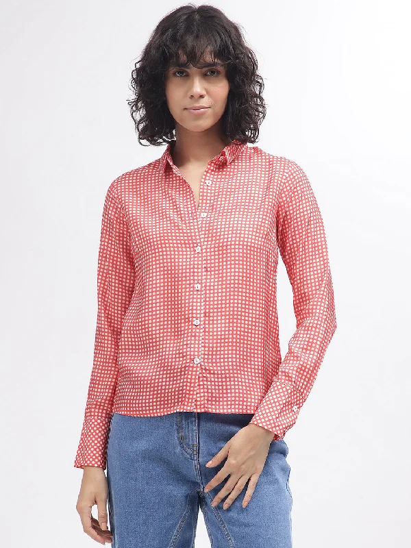 Blouses & Shirts elegant-Iconic Women Red Printed Spread Collar Full Sleeves Shirt