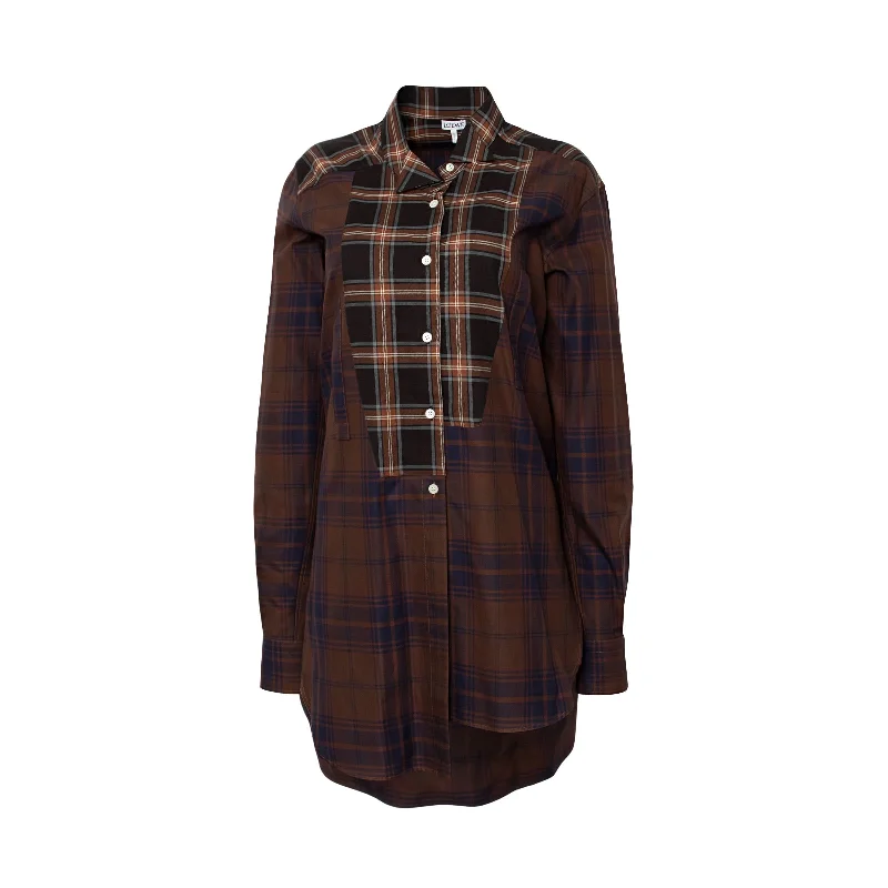 Blouses & Shirts for themed parties-Long Asym Check Patchwork Shirt in Brown