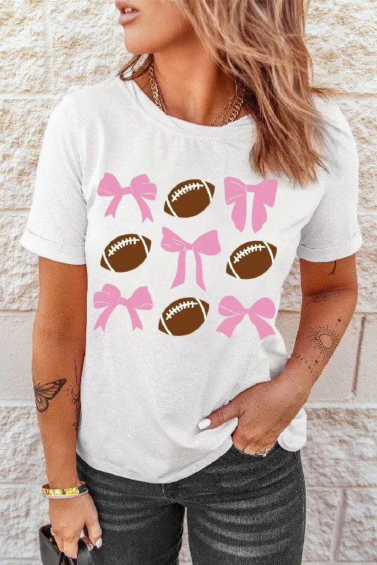 Shorts & Skirts autumn trends-Football & Bow Round Neck Short Sleeve T-Shirt