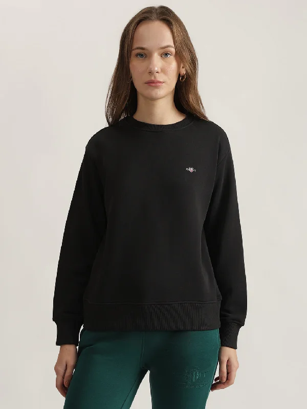 Hoodies for nappers-Gant Women Black Solid Round Neck Full Sleeves Sweatshirt