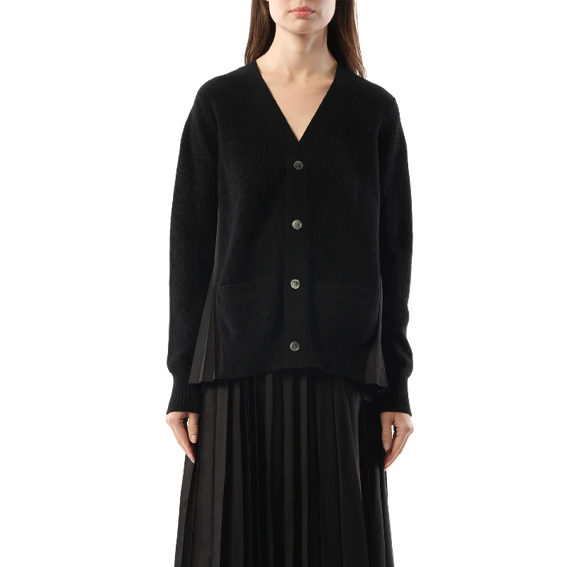 Cardigans with half zipper-Wool Knit x Cotton Poplin Cardigan in Black