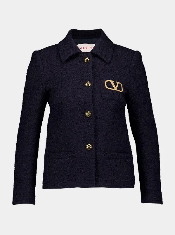 Jackets for fishing -Navy Single-Breasted Tweed Jacket