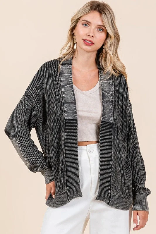 Cardigans with weekend wear-Mittoshop Contrast Patch Open Front Mineral Wash Cardigan