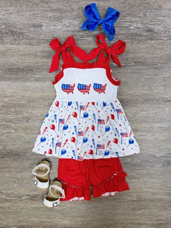 Shorts & Skirts stylish designs-Across America Girls Red Ruffle Bow Tank Shorts Outfit