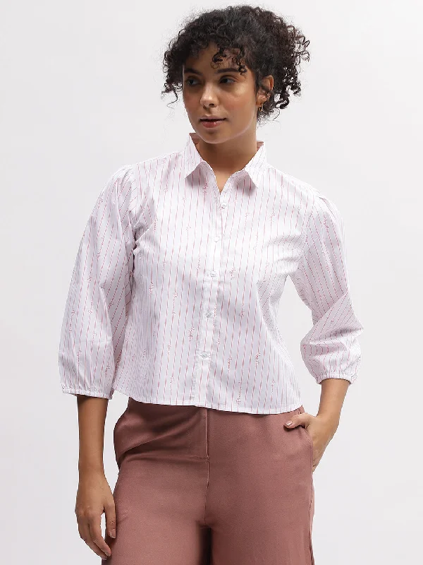 Blouses & Shirts heavy-Iconic Women White Striped Spread Collar 3/4Th Sleeves Shirt