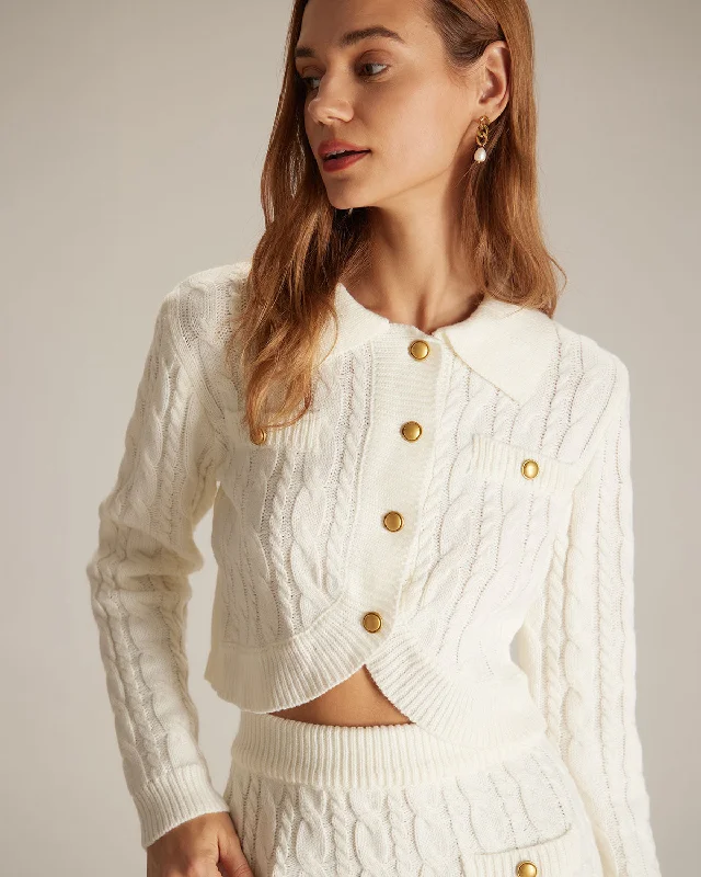 Cardigans with bundle deal-The White Lapel Ribbed Button Cable Cardigan