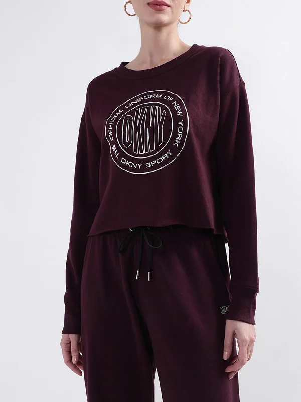 Hoodies for bakers-DKNY Women Maroon Printed Round Neck Sweatshirt