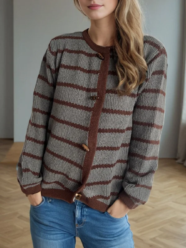 Cardigans with graduation outfit-Striped Round Neck Long Sleeve Cardigan