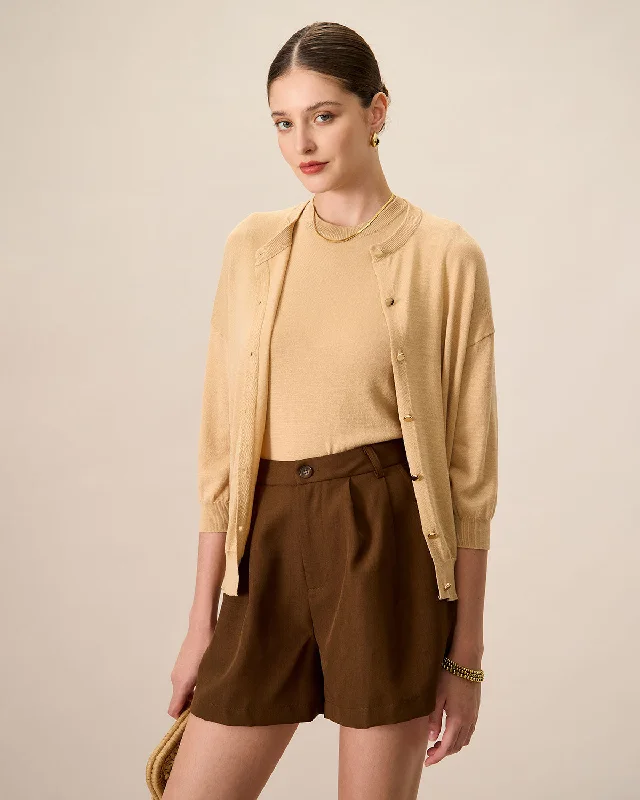 Cardigans with semi-formal-Women's Khaki Crew Neck Ribbed Tencel Cardigan