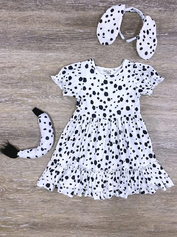 Shorts & Skirts bold styles-Puff Short Sleeve White & Black Girls Dalmatian Costume Dress with Tail & Ears