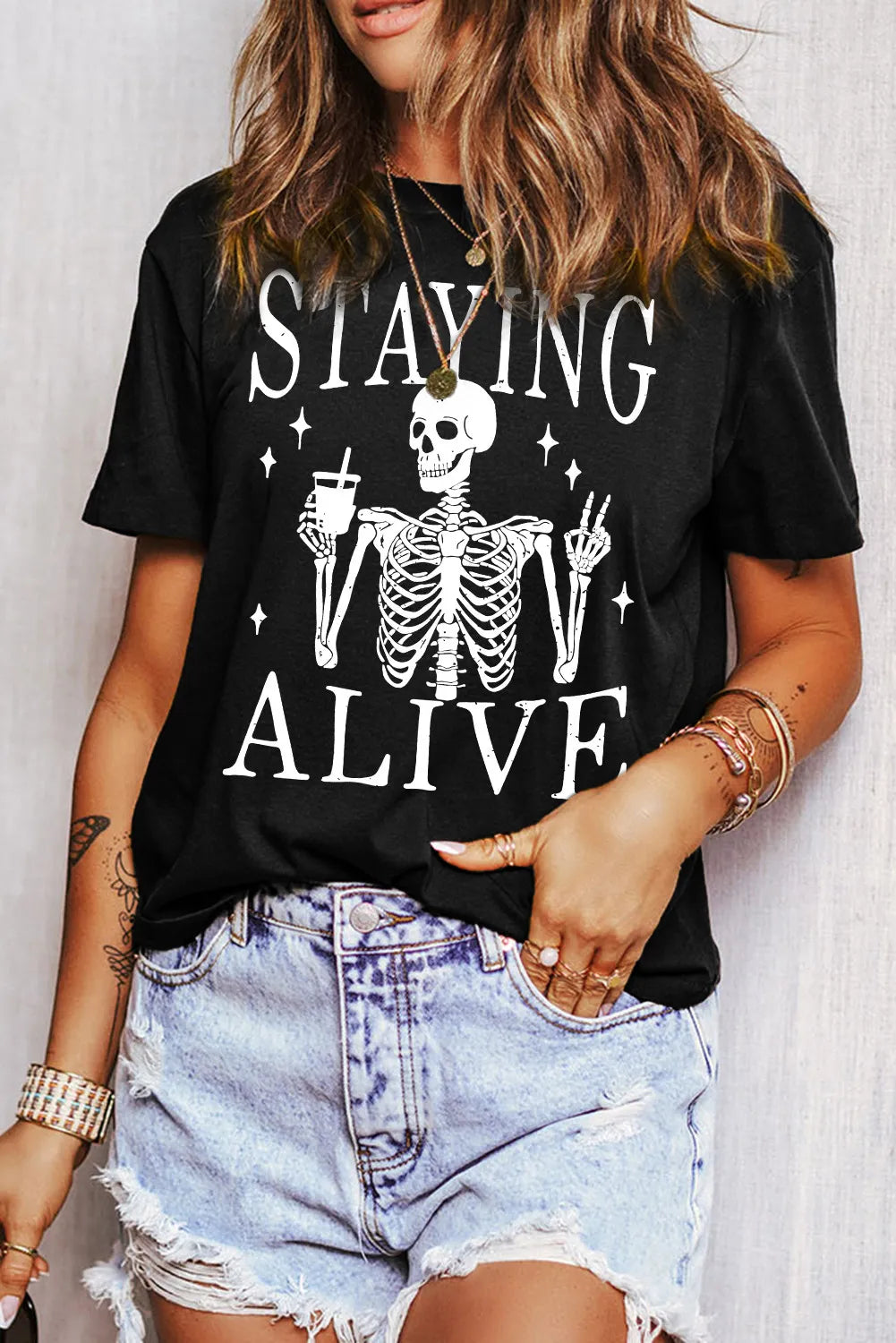 Shorts & Skirts discount codes-Staying Alive Skeleton Drink Women's Graphic Short Sleeve T-Shirt