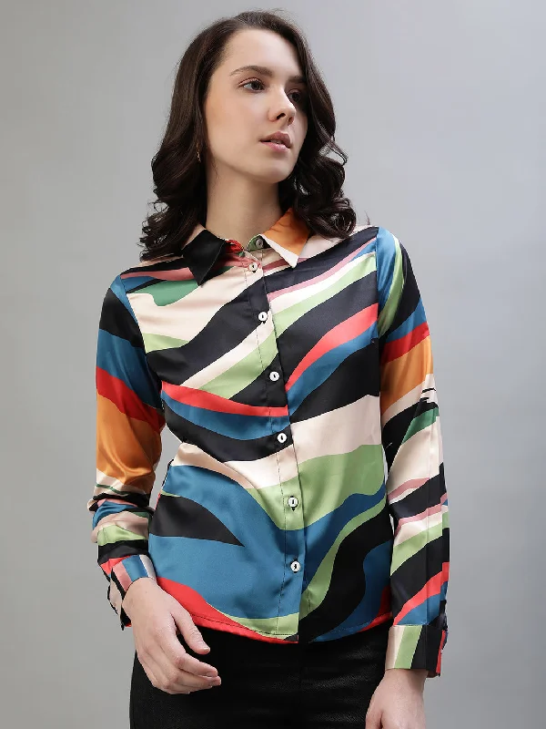 Blouses & Shirts designer-Iconic Women Multicolor Printed Spread Collar Full Sleeves Shirt