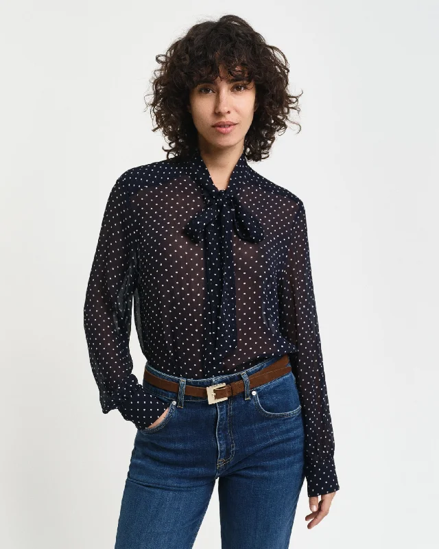 Blouses & Shirts v neck-Gant Women Blue Printed Tie-Up Neck Full Sleeves Shirt