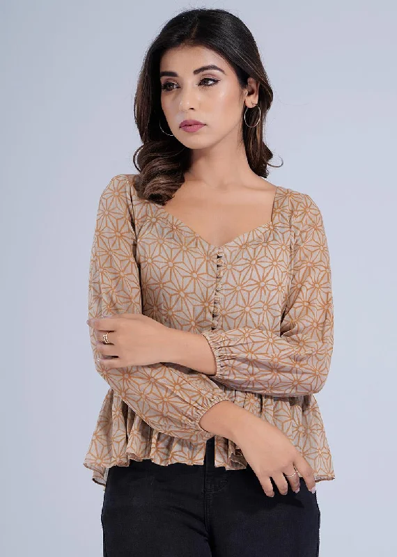 Blouses & Shirts sequin-Brown Printed Potli Button Crop Shirt