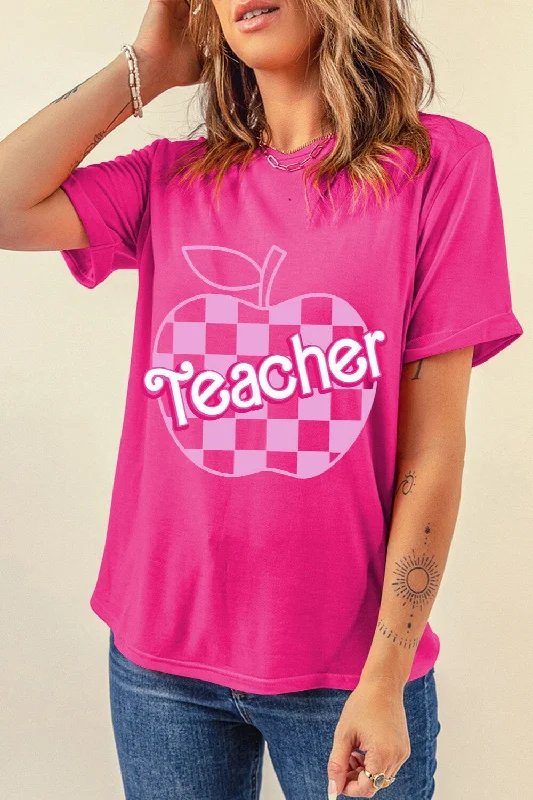 Shorts & Skirts casual outfits-Hot Pink Teacher Apple Short Sleeve Women's Graphic T-Shirt