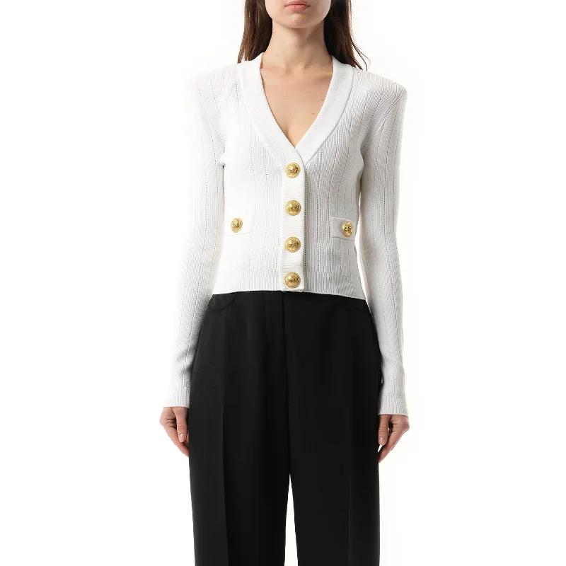 Cardigans with silk lining-Buttoned Knit Crop Cardigan in White