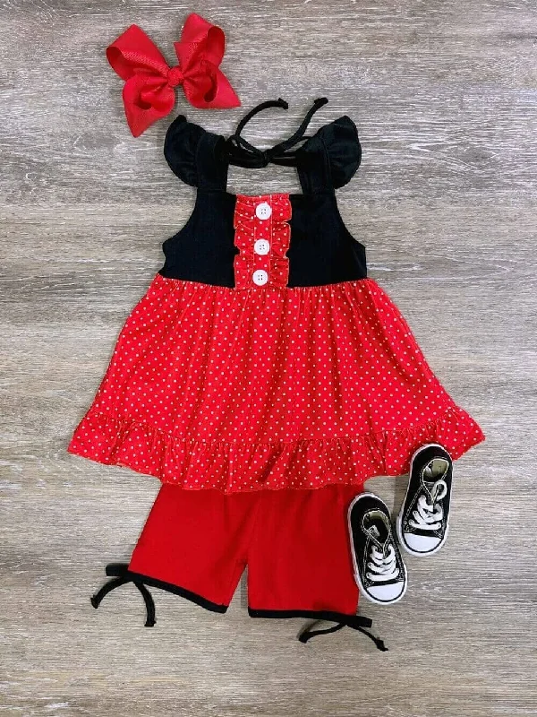 Shorts & Skirts fashion reviews-Red & Black Princess Flutter Sleeve Tunic Girls Shorts Outfit