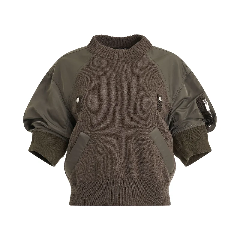 Nylon Twill x Knit Sweater in Taupe