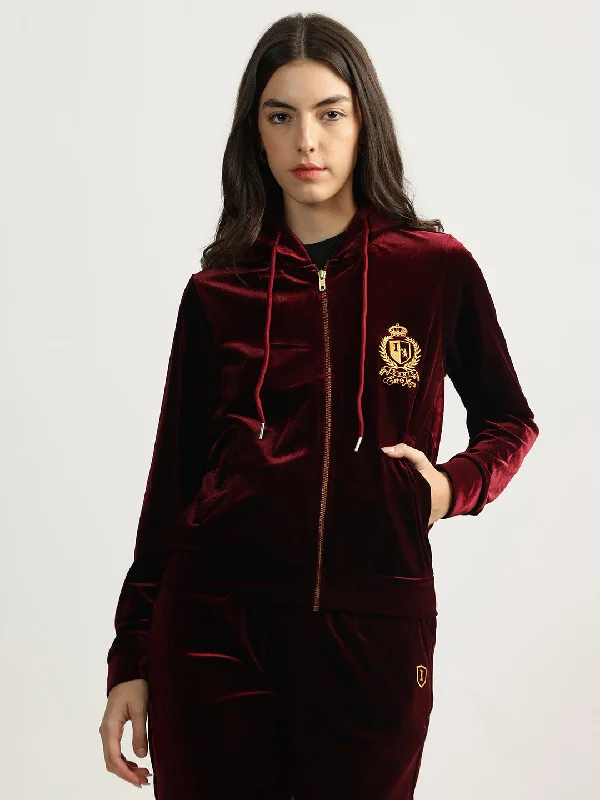 Hoodies for startup founders-Iconic Women Maroon Solid Hooded Full Sleeves Zip Through Sweatshirt