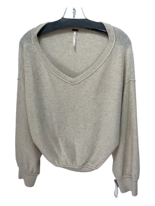 Free People Size Medium Beige Cashmere Long Sleeve V Neck Ribbed Sweater