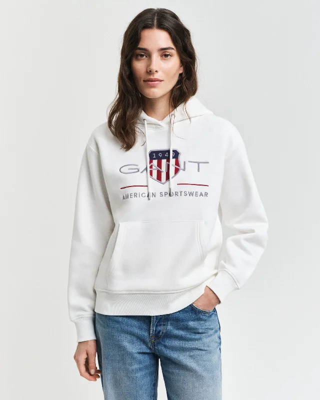 Hoodies with coral prints-Gant Women White Solid Hooded Full Sleeves Pullover Style Sweatshirt