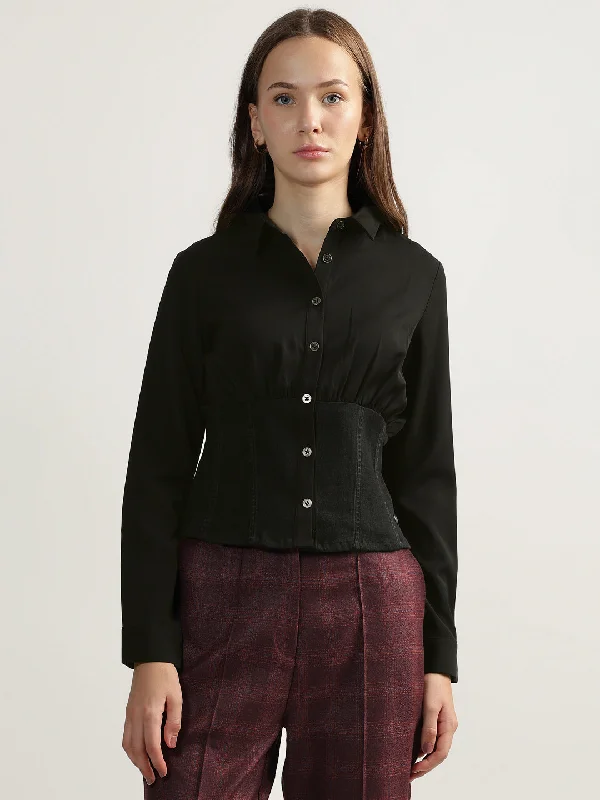 Blouses & Shirts button down-Iconic Women Black Solid Spread Collar Full Sleeves Shirt