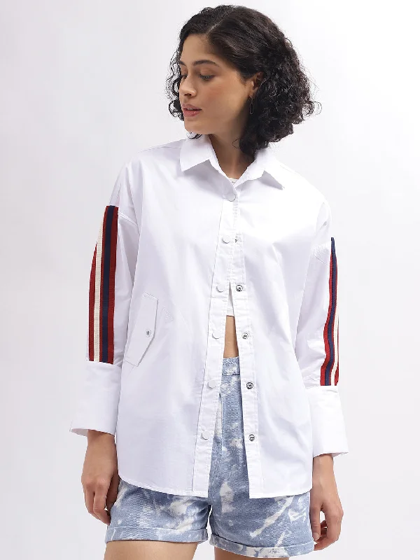 Blouses & Shirts sporty-Iconic Women White Solid Spread Collar Full Sleeves Shirt