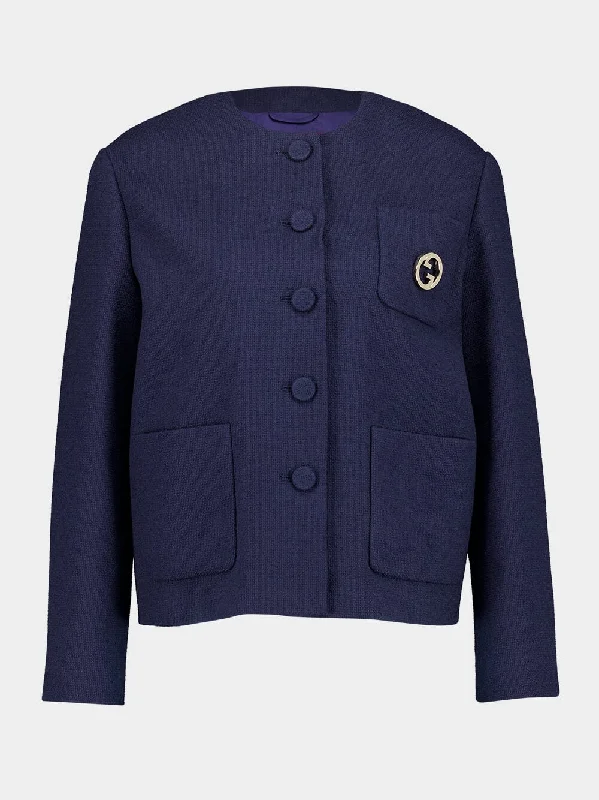 Jackets with odor-resistant fabric -Dark Blue Cotton Tweed Jacket with Brooch