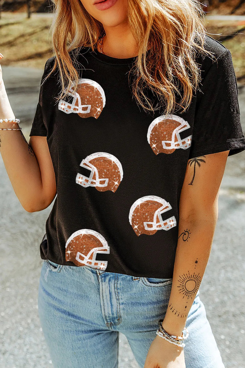 Shorts & Skirts chic styles-Sequin Football Helmets Short Sleeve T-Shirt