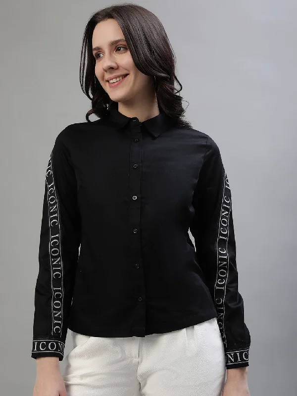 Blouses & Shirts near me-Iconic Women Black Solid Spread Collar Full Sleeves Shirt