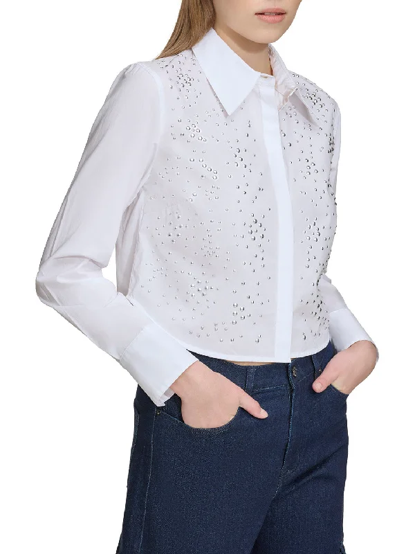 Blouses & Shirts tunic-DKNY Women White Self-Design Spread Collar Full Sleeves Shirt