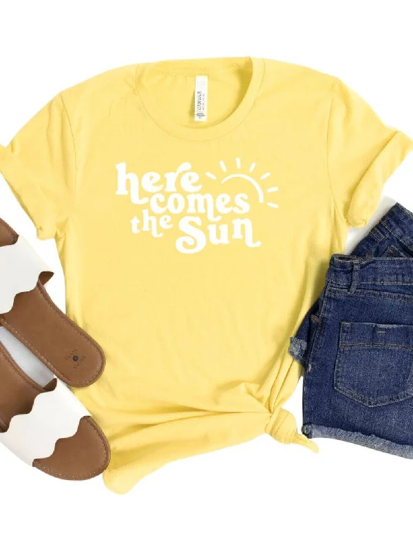 Shorts & Skirts chic styles-Here Comes the Sun Yellow Women's Jersey Short Sleeve Graphic Tee