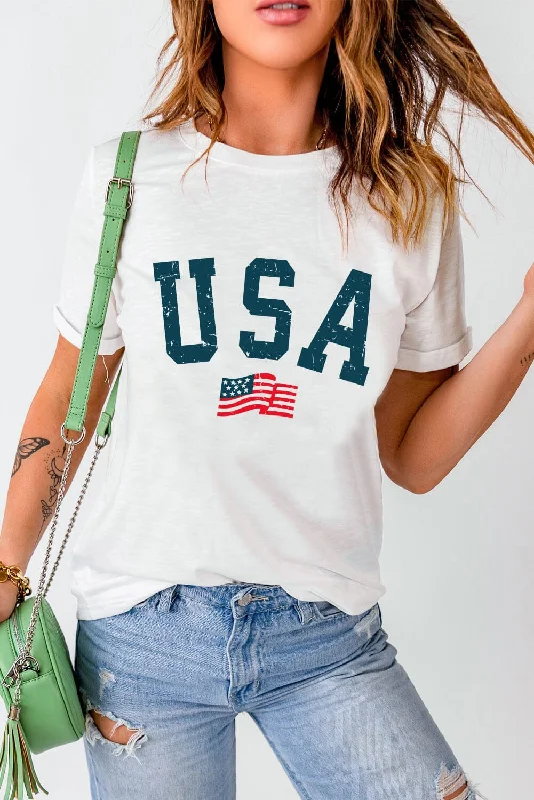 Shorts & Skirts chic looks-USA Round Neck Short Sleeve T-Shirt