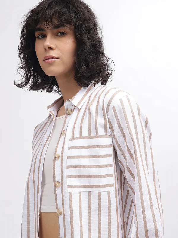 Blouses & Shirts boho-Elle Women White Striped Spread Collar Full Sleeves Shirt