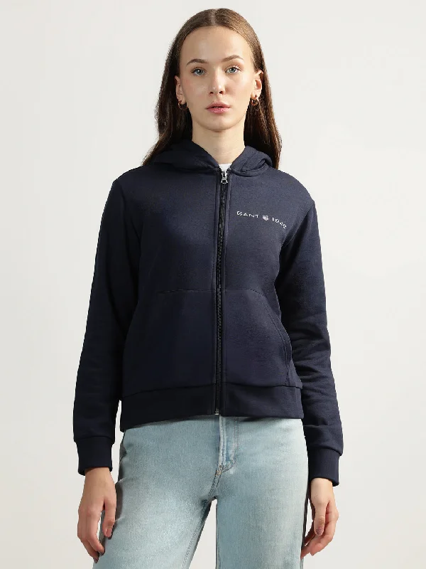 Hoodies for animal rescuers-Gant Women Blue Solid Hooded Full Sleeves Front-open Sweatshirt