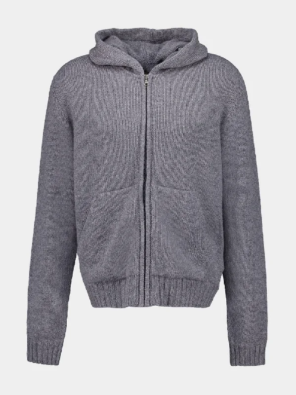 Jackets with short length -Grey Hooded Zipped Knit Jacket