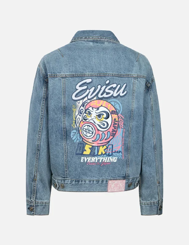 Jackets with windproof -Daruma Appliqué Loose Fit Denim Jacket