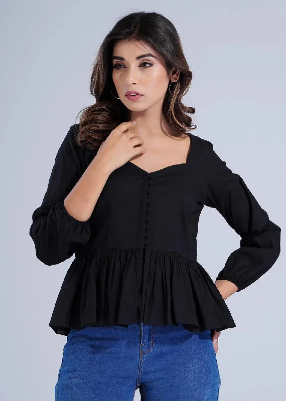 Blouses & Shirts metallic-Black Gathered Potli Button Crop Shirt