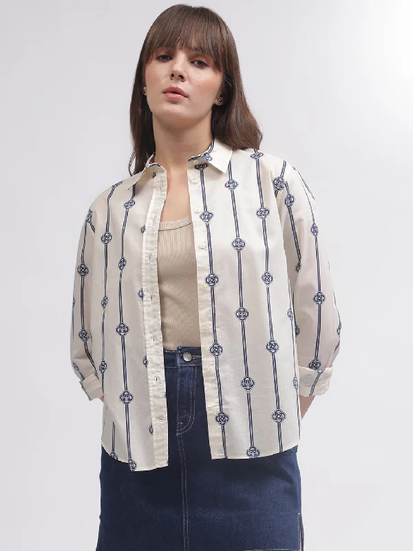 Blouses & Shirts interview-Gant Women White Printed Spread Collar Full Sleeves Shirt