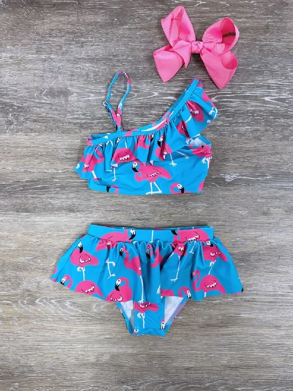 Shorts & Skirts trendy styles-Tropical Flamingos 2 Piece Girls Skirted Swimsuit Set