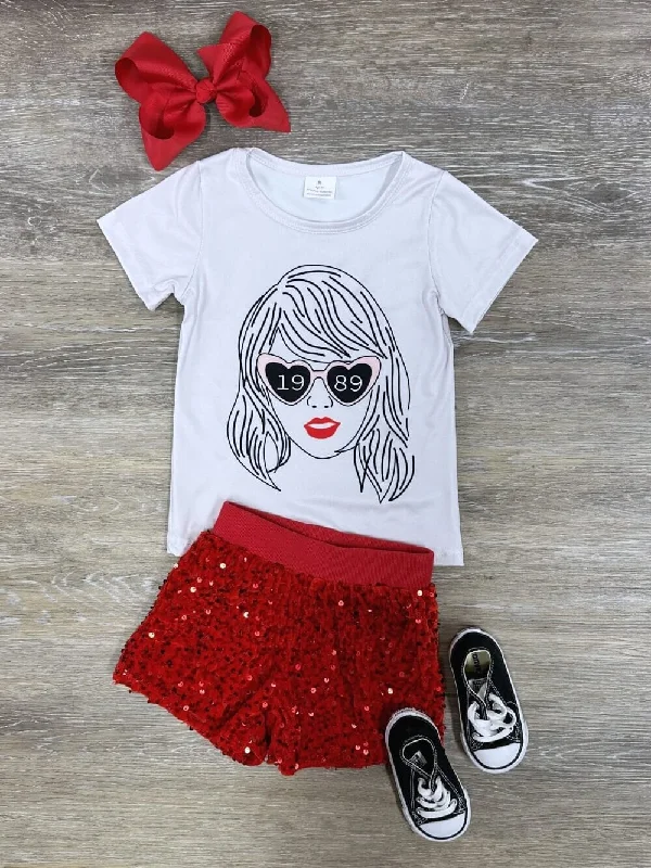 Shorts & Skirts fashion designs-1989 Heart Glasses Red Sequin Girls Shorts Outfit