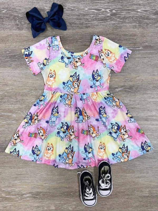 Shorts & Skirts seasonal wear-Blue Dog Pastel Ombre Short Sleeve Girls Skater Dress