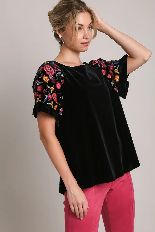 Shorts & Skirts latest trends-Umgee Full Size Velvet Embroidery Short Sleeve Blouse