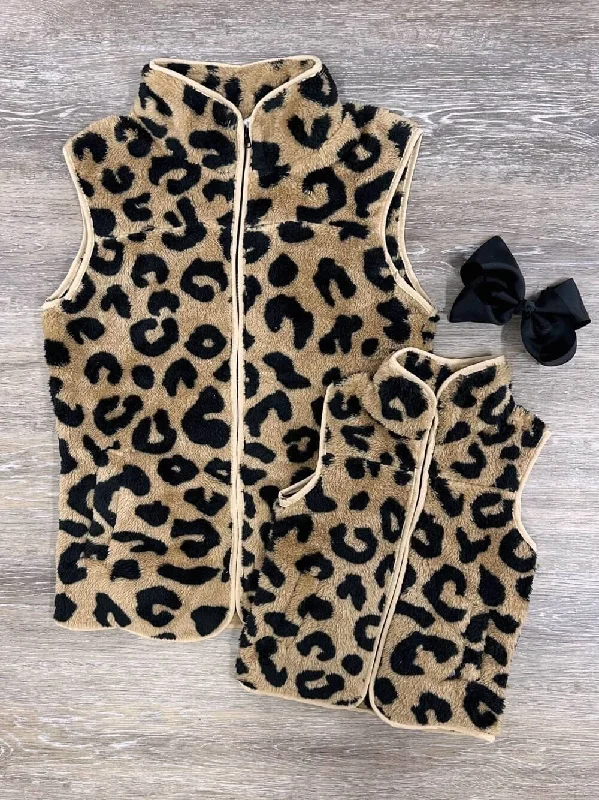 Waistcoats & Vest with hip hop-Mommy & Me - Cheetah Sherpa Fleece Zip Up Vest