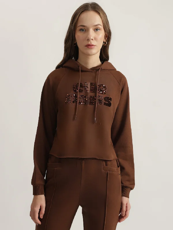 Hoodies with snowflake prints-Elle Women Brown Embellished Hooded Full Sleeves Sweatshirt