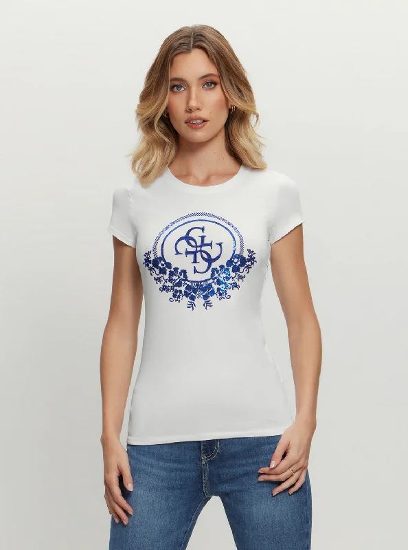 Blouses & Shirts trendy 2025-Eco White Blue Cheker Sequin T-Shirt