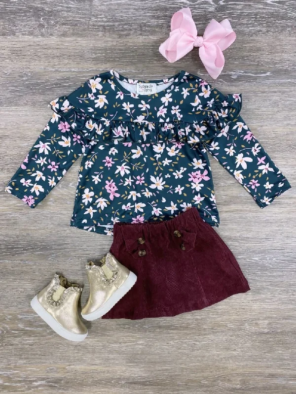 Shorts & Skirts trendy designs-Pine Green Floral & Burgundy Girls Skirt Set