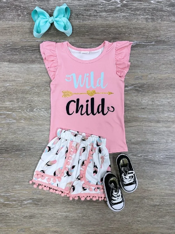 Shorts & Skirts fashion deals-Wild Child Pink Girls Pom Pom Shorts Outfit