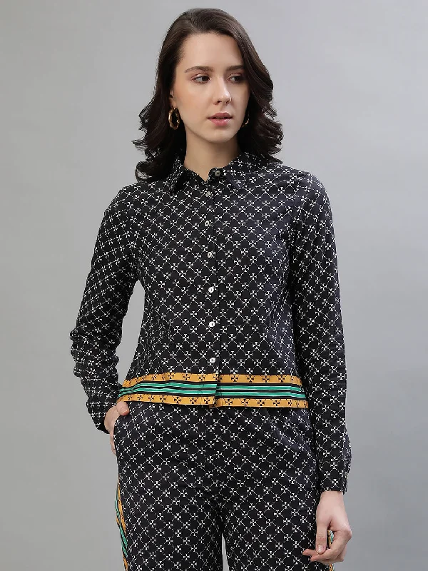 Blouses & Shirts linen-Iconic Women Multicolor Printed Spread Collar Full Sleeves Shirt